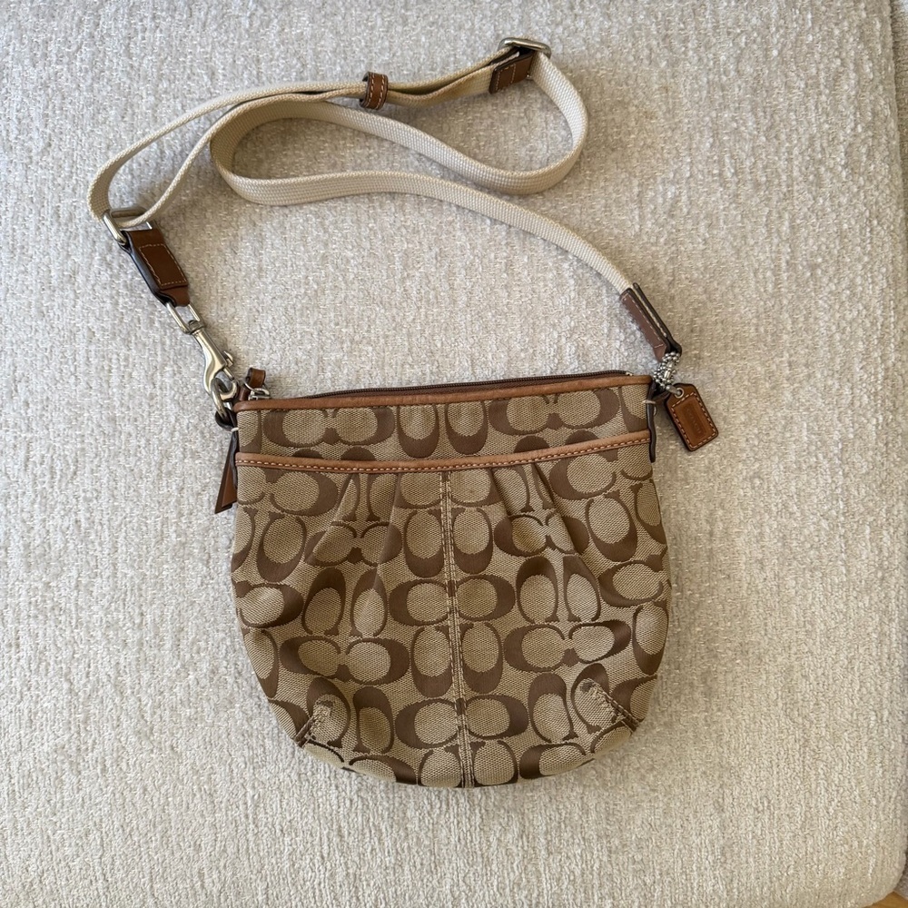 Coach Brown Signature Canvas Crossbody with Cream Adjustable Strap